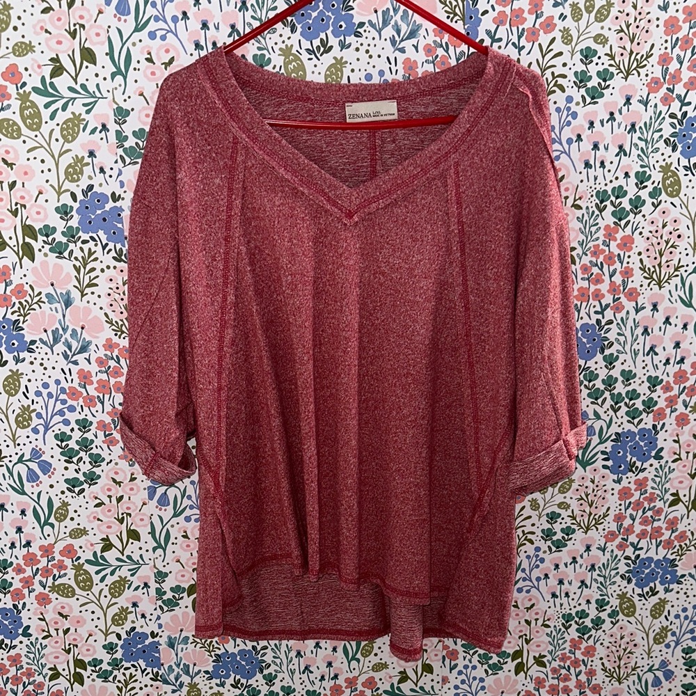 Zenana Outfitters Rose Heathered V-Neck Short Sleeve Top